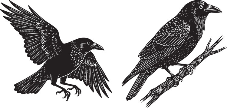 Detailed black and white illustration of two ravens one in flight with wings spread and the other perched on a branch