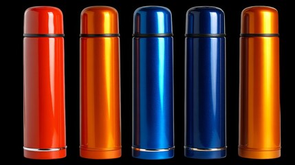 A set of colorful markers isolated beside a blank stainless steel drink container