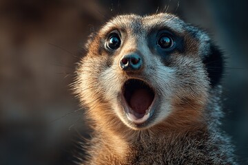 Cinematic close-up portrait of surprised meerkat with wide eyes and open mouth in warm sunlight