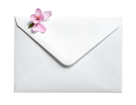 Delicate pink flower resting on a crisp white envelope isolated on transparent background