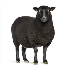 Fototapeta premium Black sheep facing camera on white background
