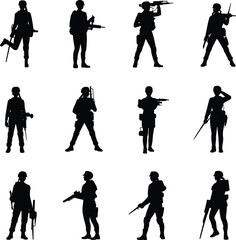 Military soldier silhouette, armed men vector, tactical pose illustration, combat rifle stance, black army figure, war icon, flat vector illustration