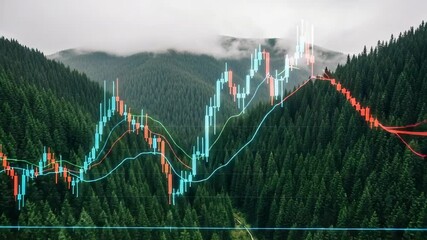 Candlestick Chart Overlaying Forest with Foggy Mountains - Powered by Adobe