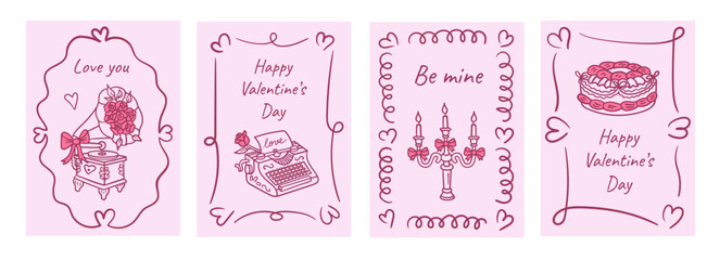 Whimsical pink Valentine card set featuring hand-drawn frames with gramophone, typewriter, candelabra, and cake motifs, perfect for romantic greeting, printable stationery, festive invitation design