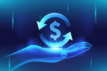 Hand holding dollar symbol with circular arrows in blue background