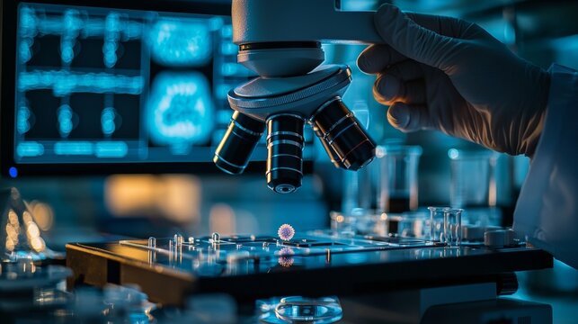 Close-up of Scientist Examining Virus Sample Under Microscope in Laboratory for Medical Research and Pharmaceutical Development, with Brain Scan on Monitor.