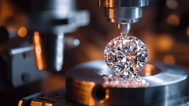 Diamond Cutting Process: Close-up of a Precision Machine Cutting a Brilliant Round Cut Diamond, Jewelry Manufacturing, Luxury and Precision