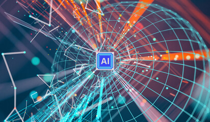 The design of future artificial intelligence includes the letters "AI", a digital network, and an AI microchip, which symbolize artificial intelligence, advanced technology, and digital connectivity.
