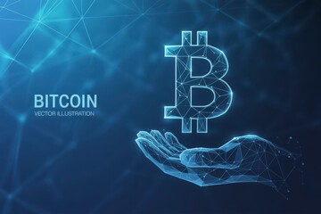 Digital hand holding bitcoin symbol with network connections in blue