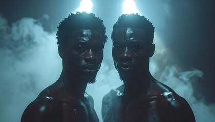 Two men emerge from smoke with intense looks under bright lights