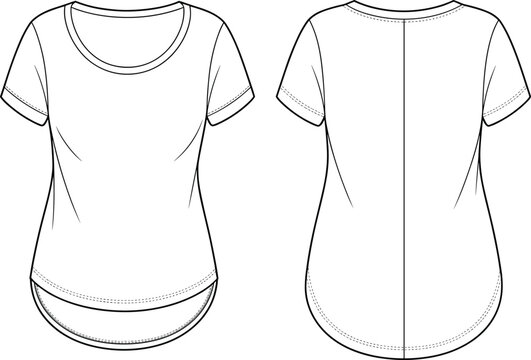 Women's scoop neck t-shirt, short sleeve top, curved hem, technical fashion sketch, flat vector apparel design, front back view