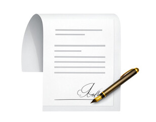 A blank document with lines for text and a signature area with a fountain pen for signing isolated on transparent background