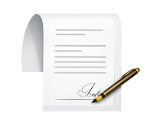 A blank document with lines for text and a signature area with a fountain pen for signing isolated on transparent background