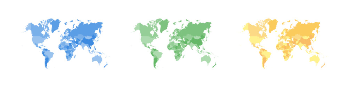 World map, flat vector illustration in blue, green, yellow hues
