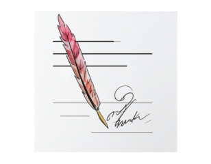 Elegant red quill pen resting on lined paper with a handwritten signature isolated on transparent background
