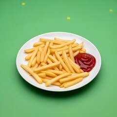 A white plate filled with golden French fries accompanied by a small serving of ketchup on a vibrant green background