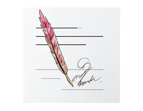 Elegant red quill pen resting on lined paper with a handwritten signature isolated on transparent background