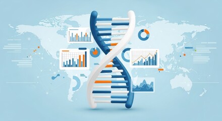 DNA Helix with Data Visualization Analyzing Global Trends in Genetic Research