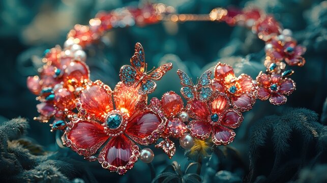 Enchanted Diadem of Glowing Ruby Flowers, Sapphire Butterflies, and Pearls in a Mystical Forest