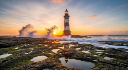 Iconic Lighthouse at Golden Hour with Powerful Ocean Waves and Rocky Coastal Reflections
