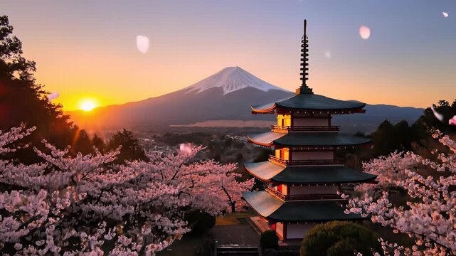 Serene pagoda surrounded by lush vegetation and majestic Fujiyoshida mountain range at sunset, inviting contemplation of traditional Japanese values and serene natural beauty.