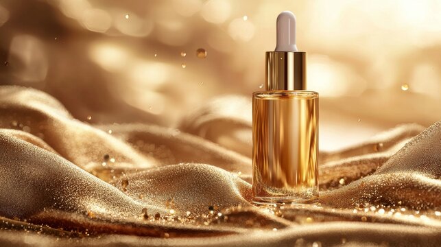 Luxurious Golden Serum Bottle on Silk Fabric with Bokeh Lights, Premium Skincare Product for Anti-Aging and Beauty Treatment, Glamorous Cosmetic Presentation - Powered by Adobe
