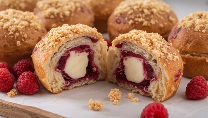 Golden Pastry Delight, Raspberry Accompaniment, Sweet Cream Filling, Crisp Topping.