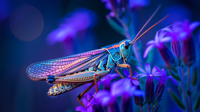 A macro photograph of a grasshopper perched on purple flowers, illuminated by a blue and purple glow effect.