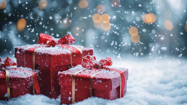 Red Christmas Presents with Gold Ribbons in a Snowy Outdoor Setting with Bokeh Lights and Falling Snowflakes, Holiday Season Celebration