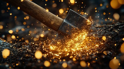 Close-up of Axe Blade Embedded in Wood with Golden Sparks, Lumberjack Tool, Rustic, Sharp, Forestry, Firewood, Chopping, Adventure, Outdoors, Dark, Moody