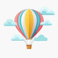 Obraz premium Kolorowy balon na ogrzane powietrze lecący wśród chmur, radosna podróż po niebie.
