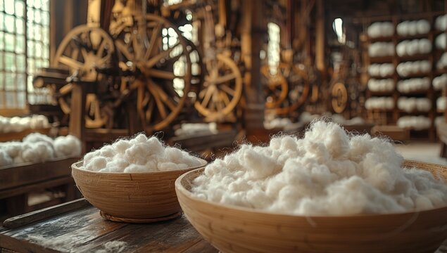 Two Bowls of Raw Cotton Fiber in a Historic Textile Mill with Spinning Wheels and Spools in the Background