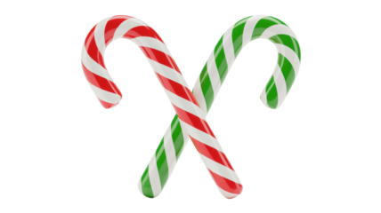 Two classic christmas candy canes one red and white striped the other green and white striped crossed together in a festive holiday arrangement isolated on transparent background