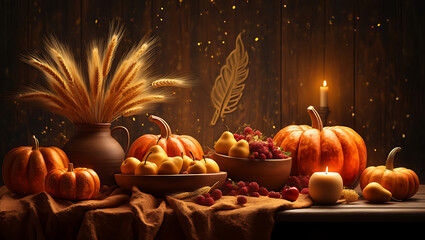Cozy autumn harvest still life warm glowing candles illuminate a rustic table adorned with pumpkins gourds dried wheat and berries creating a festive thanksgiving or fall celebration atmosphere
