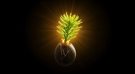 A radiant green sapling emerges from a cracked seed, glowing brightly to symbolize new life, hope, and fresh beginnings