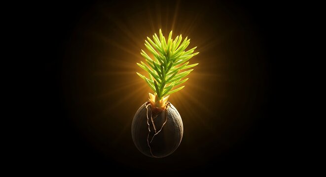 A radiant green sapling emerges from a cracked seed, glowing brightly to symbolize new life, hope, and fresh beginnings