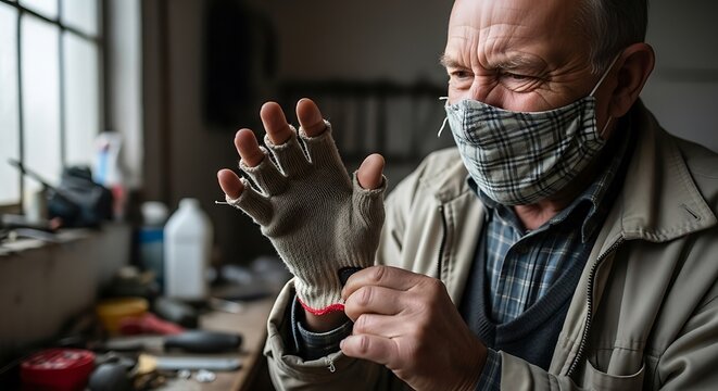 Senior man preparing for handcraft work wearing protective face mask