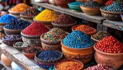 Vibrant display of beads and pigments in clay pots on weathered wood shelves