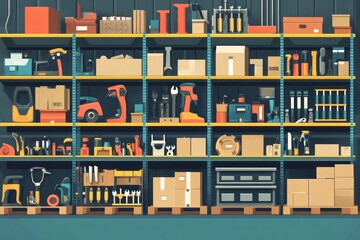 Organized warehouse shelves stocked with various tools, equipment, and supplies.