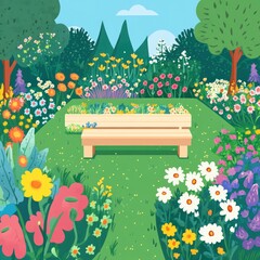 Idyllic garden scene with bench, vibrant flowers, green grass, and trees.