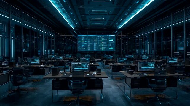 Empty Dark Cyber Office with Rows of Glowing Blue Computer Workstations and Large Data Screens