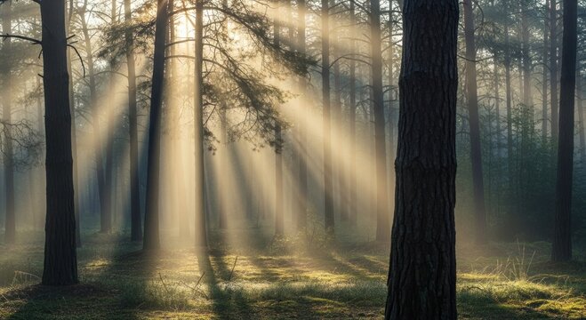 Golden Sunbeams Illuminating a Tranquil Misty Forest at Dawn