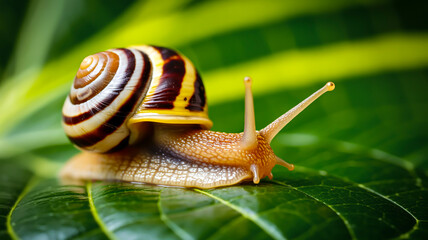 A macro photograph of a striped land snail crawling on a bright green leaf