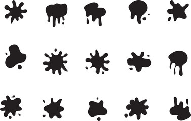 Collection of black ink splatters and drops on white background