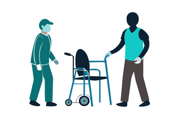 Caretaker and old age senior with physical disability icon set. Therapy caregiver, elder patient assistance, nursing home vector graphic symbols. Man with walker and wheelchair. icon
