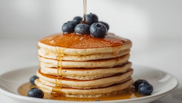 Golden Syrup Cascade on Fluffy Pancakes Topped with Fresh Blueberries, a Sweet Indulgence.