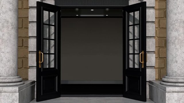 3D animated black classic doors opening, rendered with an alpha channel for seamless background integration.