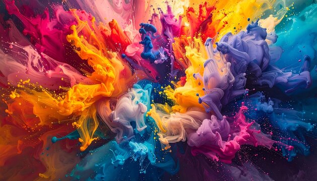 Vibrant explosion of colorful ink, swirling and mixing in a captivating dance of fluid artistry
