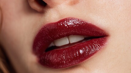 Naklejka premium Elegant macro shot of glossy burgundy lips with subtle skin tones and refined beauty detail