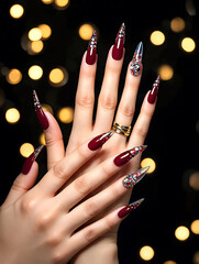 Close-up of female hands with stylish manicure against festive bokeh lights. Detailed nail design, glossy polish and elegant hand pose for beauty category.